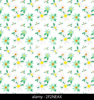 Daisy fiore senza cuciture motivo su sfondo blu. Stampa floreale Ditsy con piccolo camomilla ideale per tessuti di moda, tessuti home decor e carta da parati Illustrazione Vettoriale