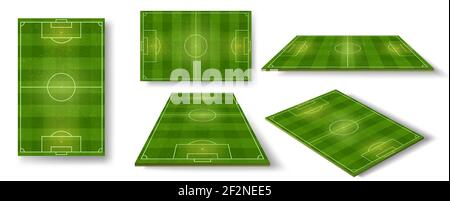 Campo di calcio. Schema del campo da calcio vista dall'alto, laterale e prospettica. Campo da calcio europeo realistico o stadio con verde erba vettore set Illustrazione Vettoriale