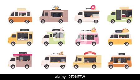 Carrelli per alimenti. Furgoni che vendono fast food di strada, pizza, hamburger, caffè, ciambelle e gelati. Ristorante su ruote festival piatto vettore set Illustrazione Vettoriale