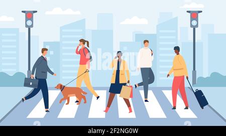 Persone sul crosswalk. Uomini e donne che attraversano la strada della città con semafori. Uomo d'affari e ragazza con cane. Folla piatta sulla scena vettoriale di strada Illustrazione Vettoriale