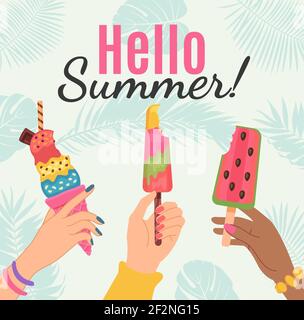 Ciao poster estivo. Mani femminili che tengono il gelato e il papsiclo di anguria. Tessera con festa tropicale. Felice estate vacanza vettore concetto Illustrazione Vettoriale