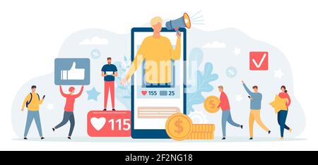 Programma di rinvio. L'uomo con il megafono sullo schermo del telefono invita gli amici e ottiene i soldi. Social media marketing, programmi fedeltà concetto vettoriale Illustrazione Vettoriale