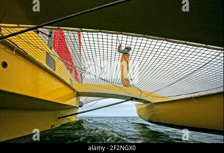 Happy (la nave gemella del famoso Olimpo di Mike Birch) scuoiata da Loick Peyron che si prepara a partecipare - la Route du Rhum - a la Trinité-sur-Mer, Bretagna, Francia, il 22 luglio 2018 - Foto Christophe Launay / DPPI Foto Stock