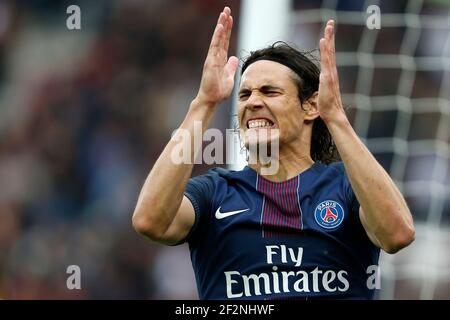 Edinson Cavani reagisce durante la partita di calcio francese L1 tra Parigi-Saint-Germain e Montpellier allo stadio Parc des Princes di Parigi, Francia, il 22 aprile 2017 - Foto Benjamin Cremel / DPPI Foto Stock