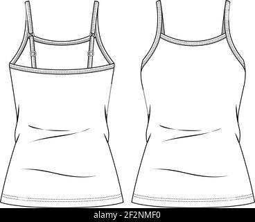 Donna Strappy Tank Top moda modello di schizzo piatto. Illustrazione tecnica della moda delle ragazze. Cinghie regolabili Illustrazione Vettoriale