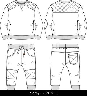 Modello di schizzo piatto in fibra del set Infant Boys. Illustrazione tecnica della moda. Pantaloni Jogger con pullover in felpa CAD Illustrazione Vettoriale