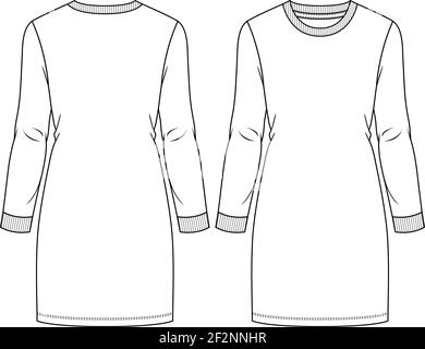 Maglia in fibra di lana ragazza modello di schizzo piatto di moda. Illustrazione tecnica della moda. Sweatshirt lunga con collo a crew Illustrazione Vettoriale