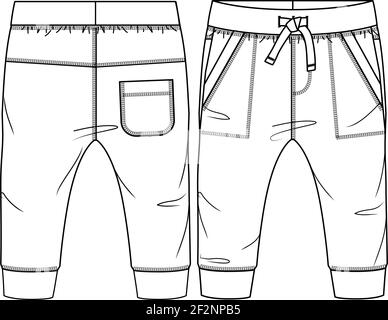 Baby Boys in pile Jogger Pant modello di schizzo piatto alla moda. Illustrazione tecnica della moda. CAD di pantaloni in maglia Illustrazione Vettoriale
