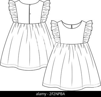 Baby Girls maniche di frill abito di moda, modello di schizzo piatto. Illustrazione tecnica della moda delle ragazze infantili. Apertura del pulsante Indietro Illustrazione Vettoriale