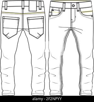 Uomo Boys Classic Pant modello di schizzo piatto di moda. Illustrazione tecnica della moda. CAD tessuto. Dettagli del punto di cucitura a contrasto al neon Illustrazione Vettoriale