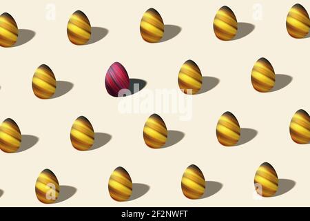 Moderno uovo di Pasqua colorato modello fatto, uovo d'oro, concetto di Pasqua minimale Foto Stock