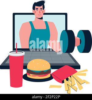 Mangiare fast food di fronte a un computer portatile, e un allenatore che ti offre allenamento online, dumbbell. Obesità durante il periodo di quarantena a casa. Fare sport, allenarsi con le videochiamate sul laptop Illustrazione Vettoriale