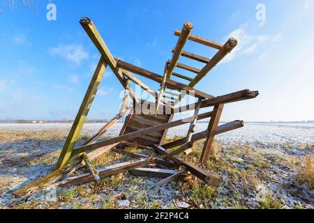 Sedile alto in inverno che è stato abbattuto da una tempesta, Assia, Germania Foto Stock