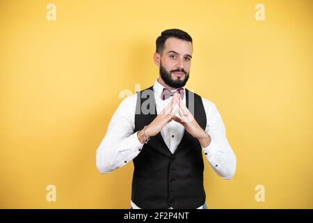 Giovane uomo con barba che indossa cravatta e gilet con le mani insieme e le dita incrociate sorridente rilassato e allegro. Successo e ottimismo Foto Stock