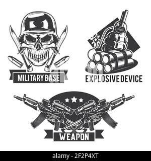 Set di emblemi militari, etichette, badge, loghi. Isolato su bianco Illustrazione Vettoriale