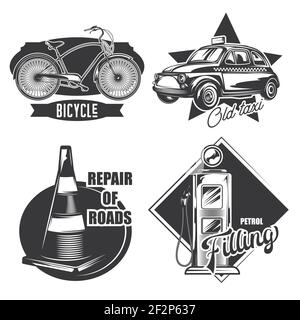 Set di emblemi stradali, di trasporto, etichette, badge, loghi. Isolato su bianco Illustrazione Vettoriale