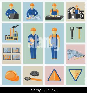 Progettazione e costruzione di set di icone dei lavoratori strumenti dati calcolatore di avvertenza e sicurezza illustrazione vettoriale Illustrazione Vettoriale
