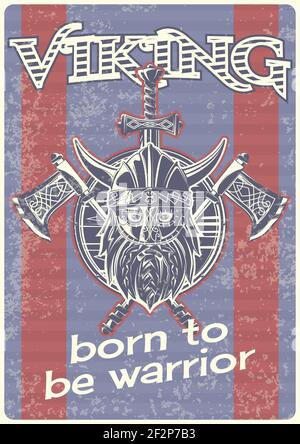 Poster vintage con illustrazione di un vichingo con assi e uno scudo. Illustrazione Vettoriale