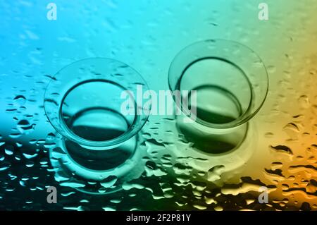 Lenti a contatto, su sfondo arancione-blu. Due lenti a contatto con gocce d'acqua su sfondo multicolore. Foto Stock