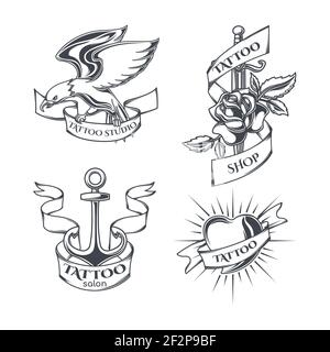 Set di emblemi per tatuaggio, etichette, badge, logo. Isolato su bianco Illustrazione Vettoriale