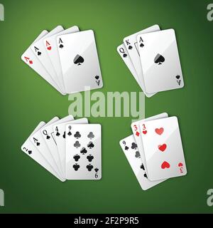 Insieme vettoriale di diverse carte da gioco combinazione quattro assi, scala reale a filo e altri vista dall'alto isolato sul tavolo da poker verde Illustrazione Vettoriale
