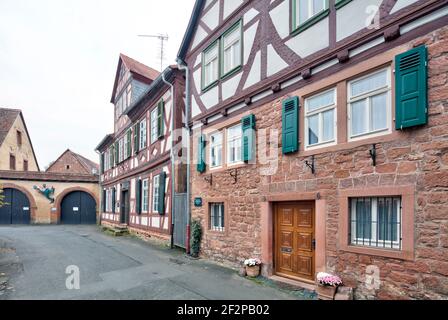 Marstall, scultura di rana, ex tipografia Regelein, vista casa, centro storico, città vecchia, Büdingen, Assia, Germania, Europa Foto Stock