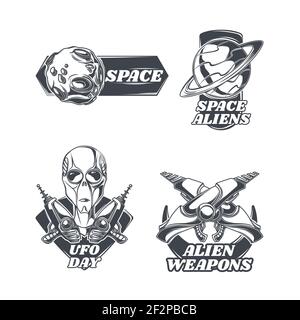 Set di emblemi UFO, etichette, badge, loghi. Isolato su bianco Illustrazione Vettoriale