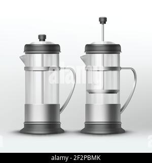 Vector in acciaio inox french press per tè e caffè. Isolato, vista frontale Illustrazione Vettoriale