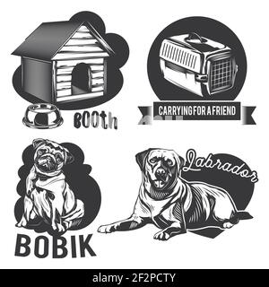 Set di emblemi di cani e app, etichette, badge, logo. Isolato su bianco Illustrazione Vettoriale