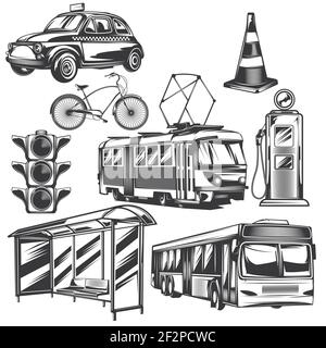 Set di mezzi di trasporto pubblici e parti degli elementi stradali per la creazione di badge, logo, etichette, poster, ecc. isolati su bianco. Illustrazione Vettoriale