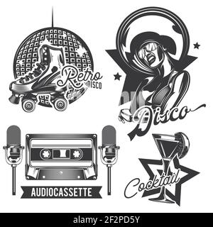 Set di emblemi da discoteca, etichette, badge, loghi. Isolato su bianco Illustrazione Vettoriale