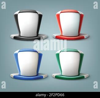 Vettore realistico cappello di tifoso di calcio in diversi colori isolati su sfondo. Illustrazione Vettoriale