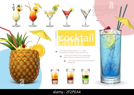 Collezione di cocktail estivi realistici con pinina colada tequila sunrise margarita la cosmopolita laguna blu di martini e diversi vettori di bevande a base di shot malato Illustrazione Vettoriale