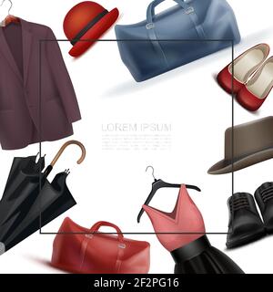 Modello realistico e moderno con elementi per guardaroba e spazio per borse di testo scarpe maschili e femminili si vestono sulla giacca fedora hats hanger ombrello vettore illustra Illustrazione Vettoriale