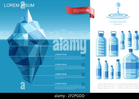 Modello di infografica di acqua pura piatta con iceberg in oceano e. bottiglie di plastica con illustrazione trasparente di un vettore di acqua Illustrazione Vettoriale