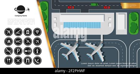 Piano aeroporto colorato top vista concetto con terminal building aerei sulle piste e sulle icone dell'aeroporto, illustrazione vettoriale Illustrazione Vettoriale