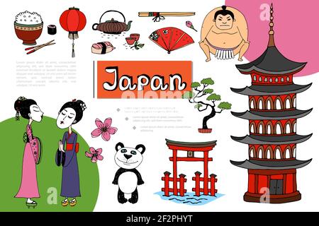 Composizione di elementi giapponesi disegnati a mano con pagoda del wrestler di geisha sumo tepa giapponese lanterna bonsai riso sushi teapot sakura fiori panda ventola chopsti Illustrazione Vettoriale