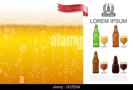Concetto realistico di birra lager frothy con bicchieri e bottiglie a bolle d'aria piena di vari tipi di illustrazione vettoriale della birra Illustrazione Vettoriale