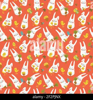 Colorful buon motivo di pasqua senza giunture con carini che tengono le carote uova di polli e fiori su sfondo rosso doodle illustrazione vettoriale Illustrazione Vettoriale