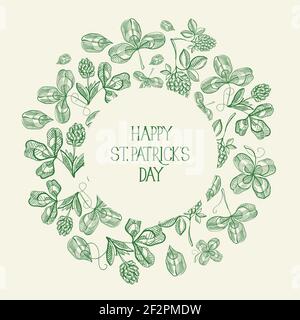 Vintage St Patricks giorno modello verde con iscrizione rotonda immagine vettoriale di un riquadro e di uno schizzo irlandese Illustrazione Vettoriale