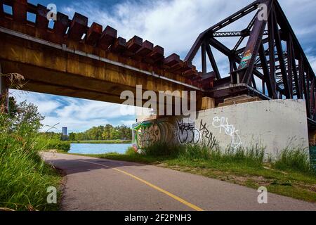 Percorso pavimentato che passa sotto un ponte ferroviario in acciaio accanto al fiume Bow nel Pearce Estate Park, Calgary. Foto Stock