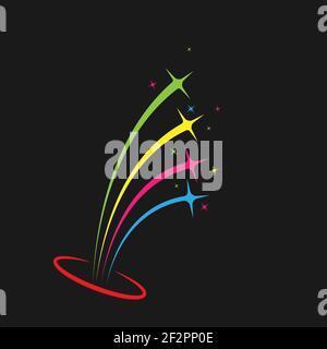 Modello per il logo di un'esposizione di fuochi d'artificio, festival, saluto o vacanza. Illustrazione vettoriale, design piatto. Illustrazione Vettoriale