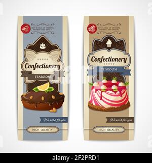 Collezione di striscioni retrò verticali dolci decorativi con torta al cioccolato e. illustrazione vettoriale isolata per pudding Illustrazione Vettoriale