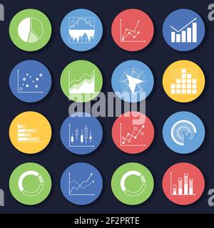 Grafici a barre grafici grafici icone di grafici impostate in stile piatto su immagine vettoriale con cerchi di colore Illustrazione Vettoriale