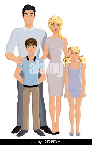 Felice famiglia uomo donna genitori e ragazza e ragazzo bambini full length ritratto vettoriale illustrazione. Illustrazione Vettoriale