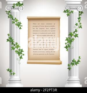 Antiche colonne greche con vite e vintage scroll poster vettore illustrazione Illustrazione Vettoriale