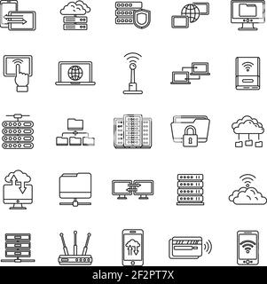 Set di icone di accesso remoto globale, stile contorno Illustrazione Vettoriale