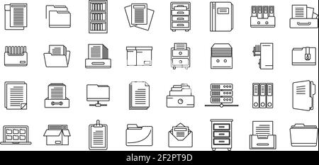Memorizzazione in ufficio di documenti set di icone, stile outline Illustrazione Vettoriale