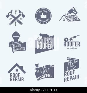 Roofter costruzione operaio tradesman casa costruttore grigio icone set isolato illustrazione vettoriale Illustrazione Vettoriale