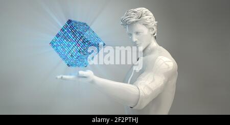 Uomo che guarda alla soluzione digitale come concetto di soluzioni tecnologiche Foto Stock